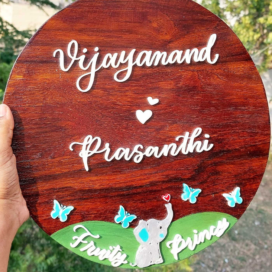 Personalized Elephant Theme Pine Wood Name Plate - Handheld Front View with Personalization