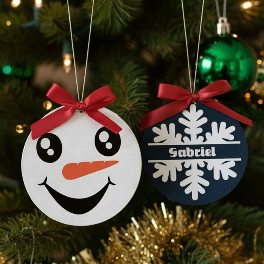 Personalized Snowflakes & Snowmen Wooden Christmas Tree Ornaments | Set of 2