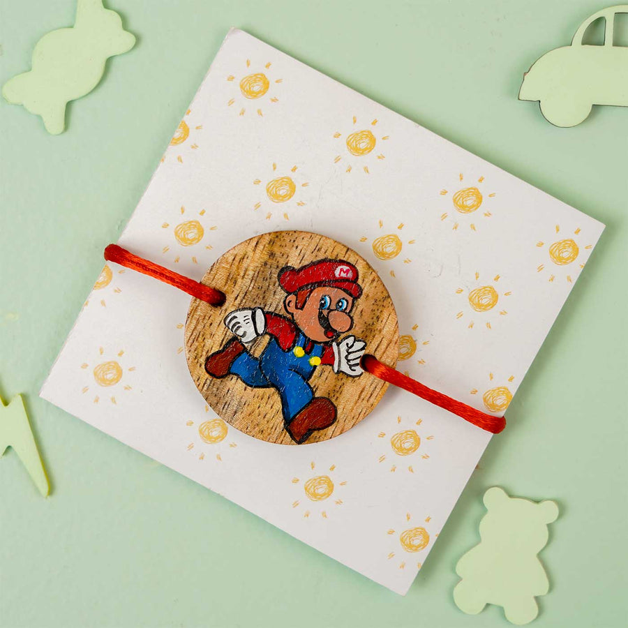 Personalized Hand Painted Mario Wooden Rakhi With Roli Chawal - Front View on Card