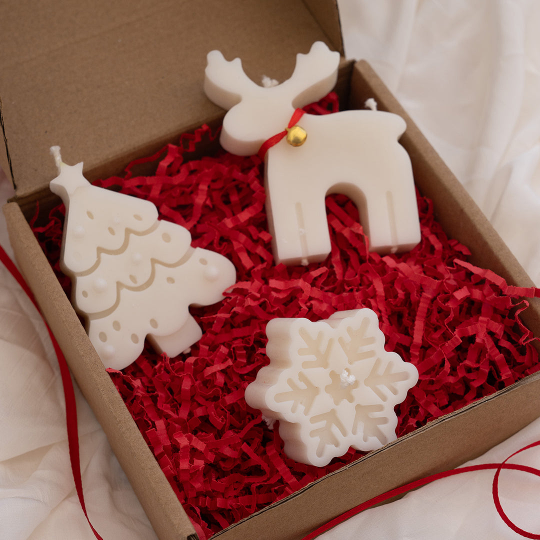 3 Pc | Handmade Scalloped Tree, Reindeer & Snowflake Soy Wax Candles