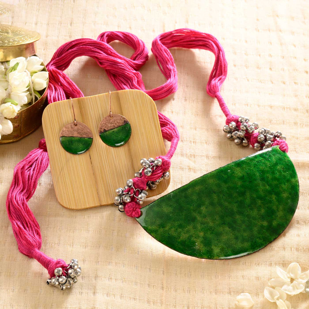 Handmade Half Moon Shaped Ghungroo Copper Enamel Pendant With Earrings