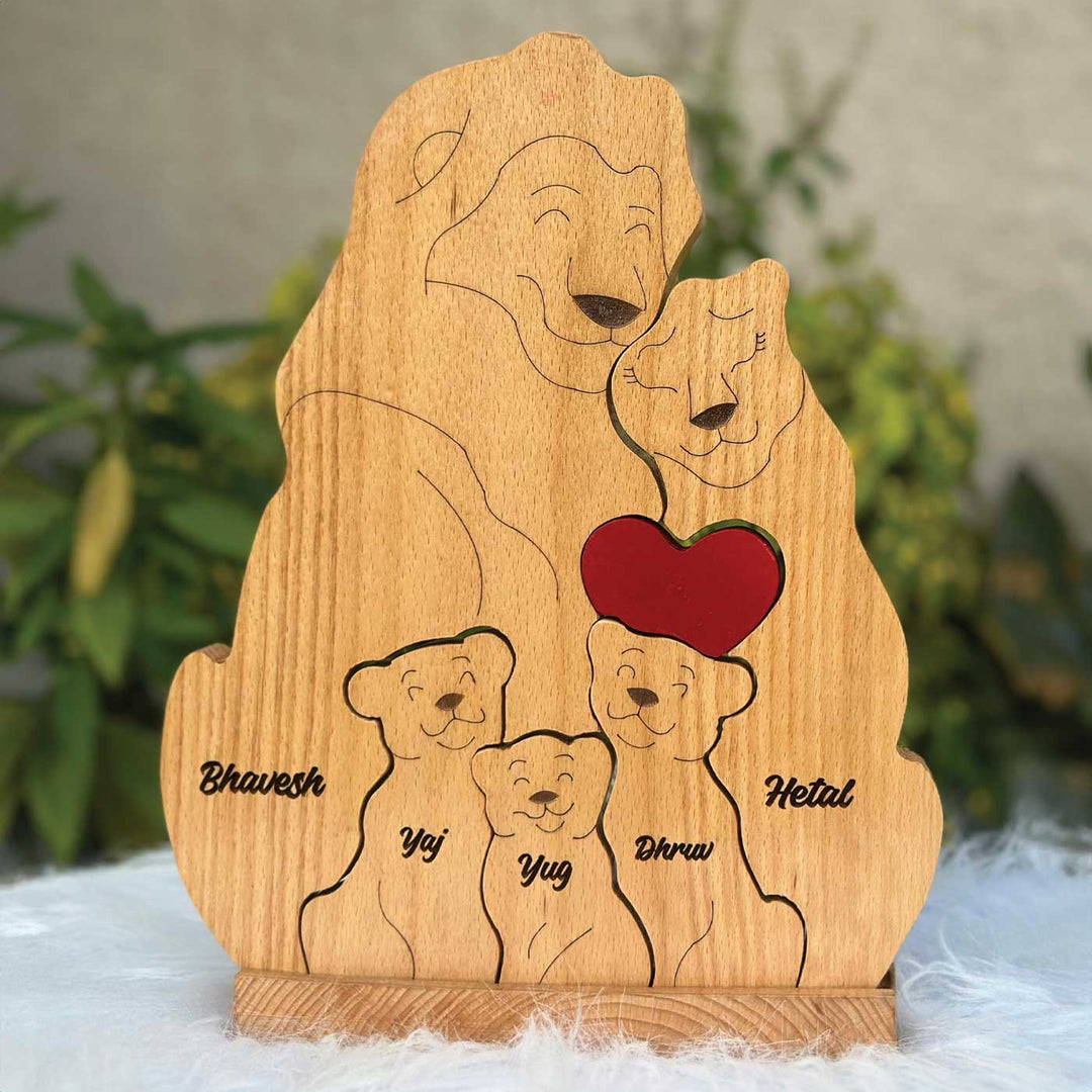 Personalized Lion Family Of 5 Wooden Figurine