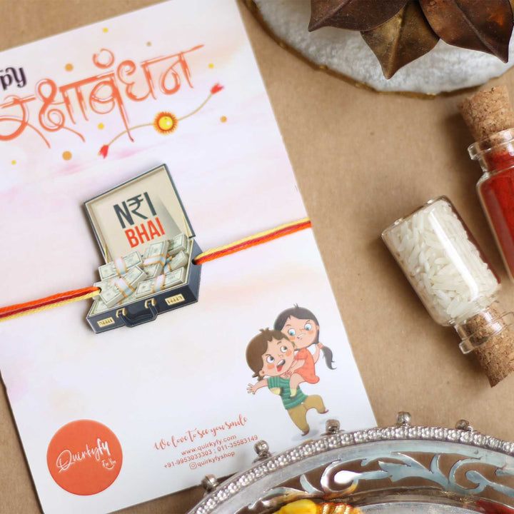 Handmade Nri Bhai Magnet Wooden Rakhi With Roli Chawal For Brother - Rakhi Charm on Greeting Card