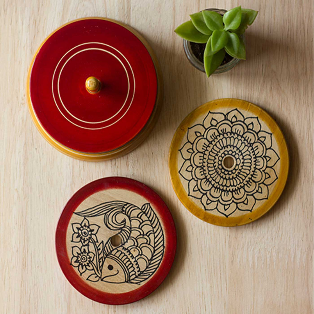 Set Of 4 | Hand-Painted Channapatna Wooden Coasters With Base Stand For Coffee Table & Home Hosting