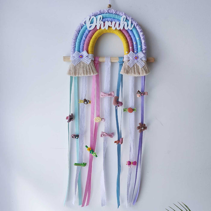 Personalized Handmade Macrame Rainbow Kids Hair Accessory Holder
