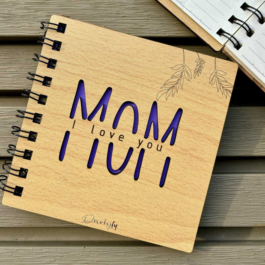 Handmade Mom I Love You Theme MDF Wood Notebook For Mothers | 60 Pages