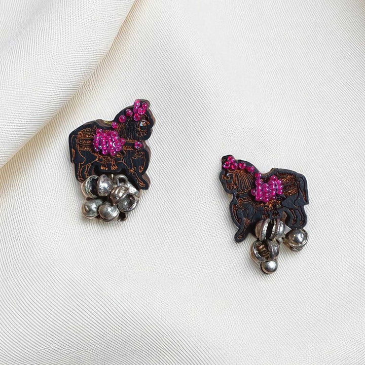 Handmade Beaded Black Horse Ghungroo Wooden Earrings