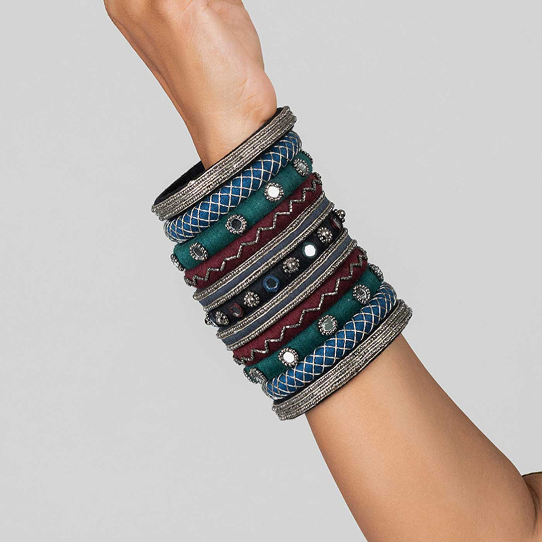 Multicolour Handcrafted Krisha Silver Beads & Mirror Work Bangles | Set of 11