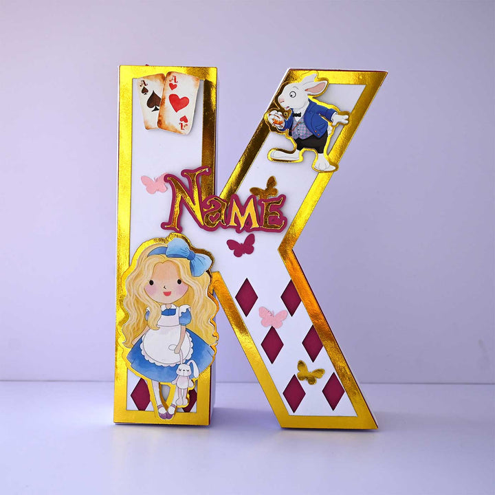 Personalized Printed Alice In Wonderland 3D Cardstock Monogram For Kids - Front View with Personalized Decorations