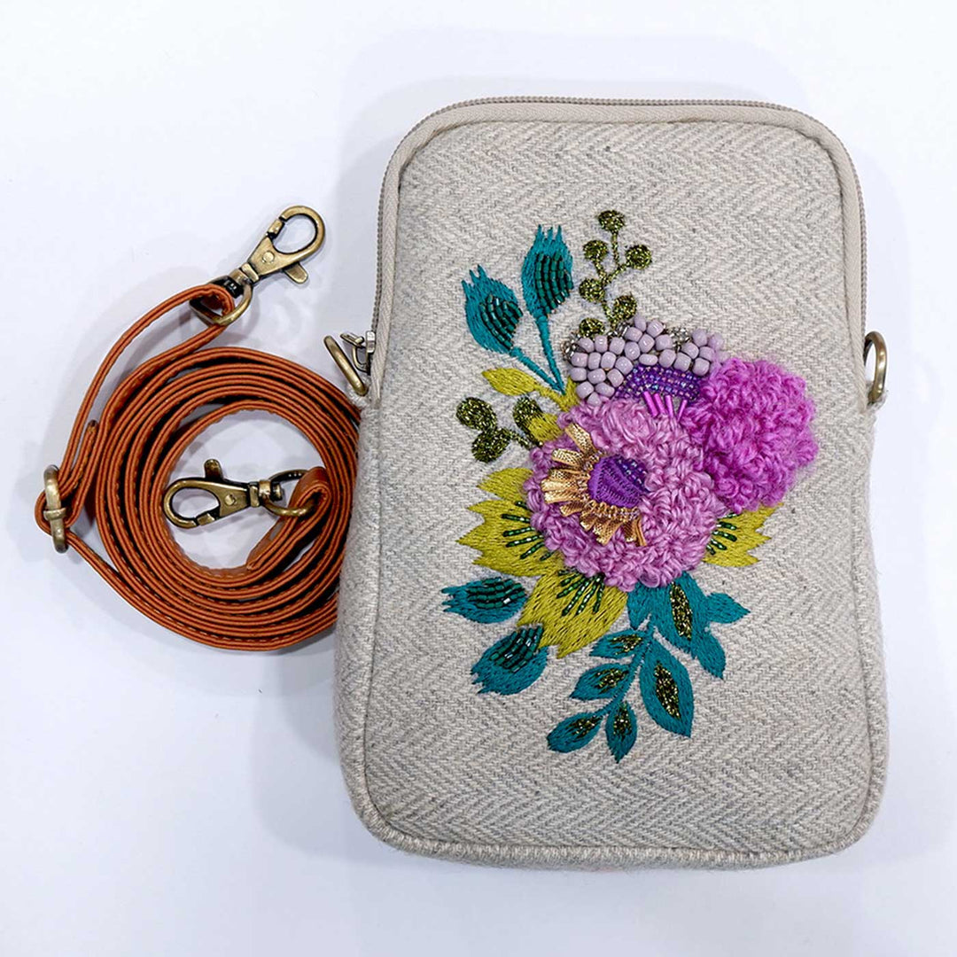 Handmade Embroidered Flowers And Leaves Jacquard Sling Bag