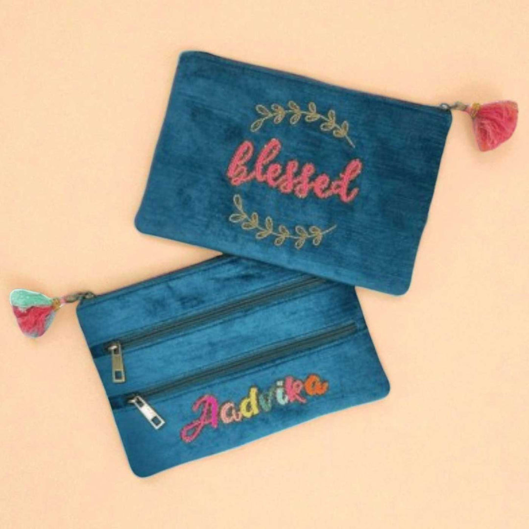 Personalized Handmade Embroidered Teal Color Velvet Pouch