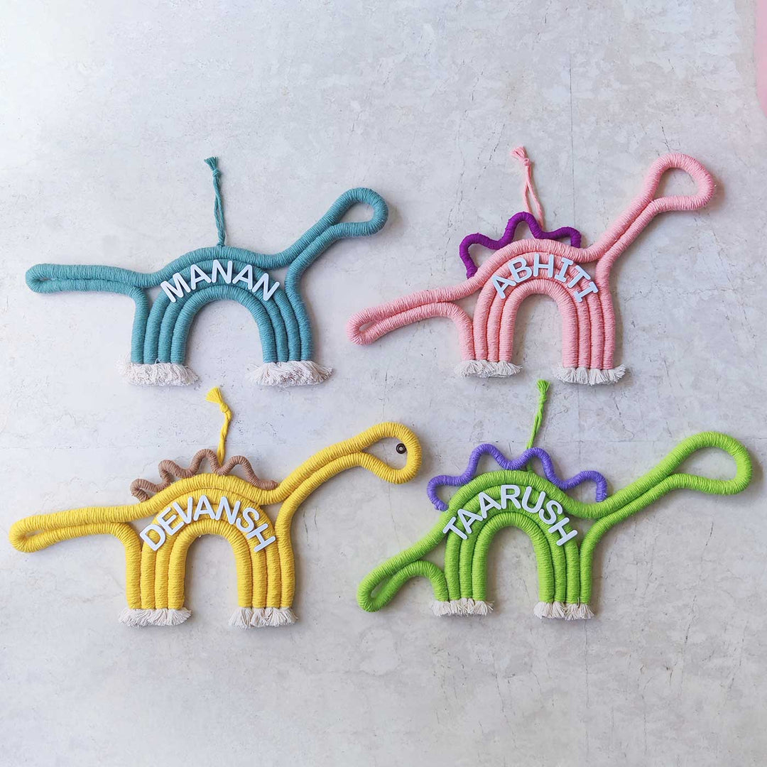 Personalized Handmade Macrame Dinosaur Kids Name Plate With 3D Letters - Name Personalization Example on Hanging Tags