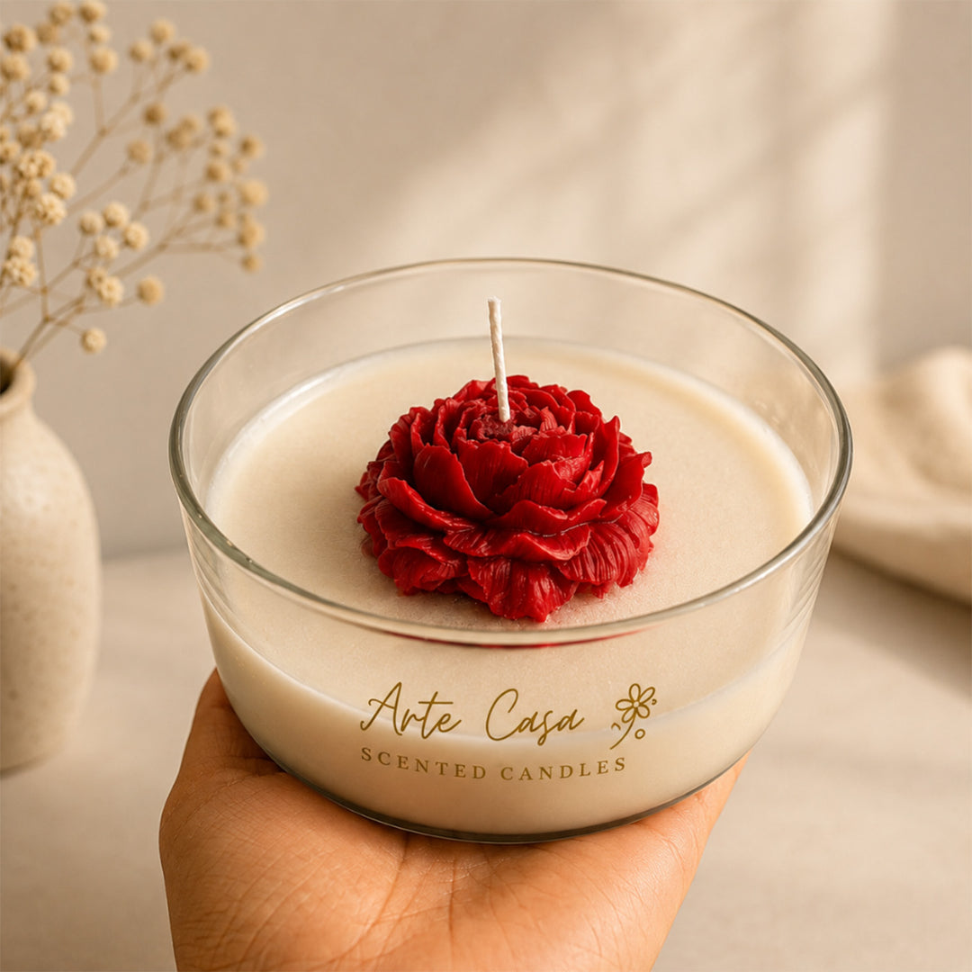 Crimson Rose Round Sculptural Scented Candle With Red Carnation Fragrance For Home Decor