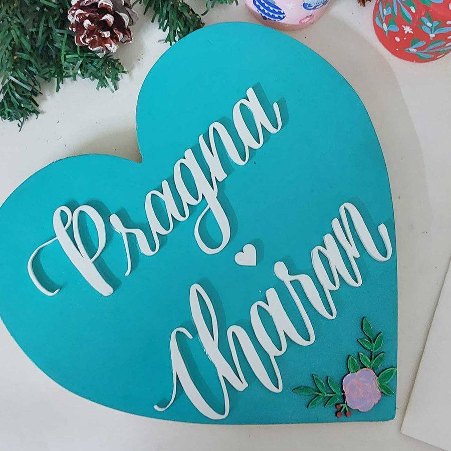 Personalized Blue Enchanted Heart Theme Wooden Name Plate - Top-Down View Showing Name Personalization