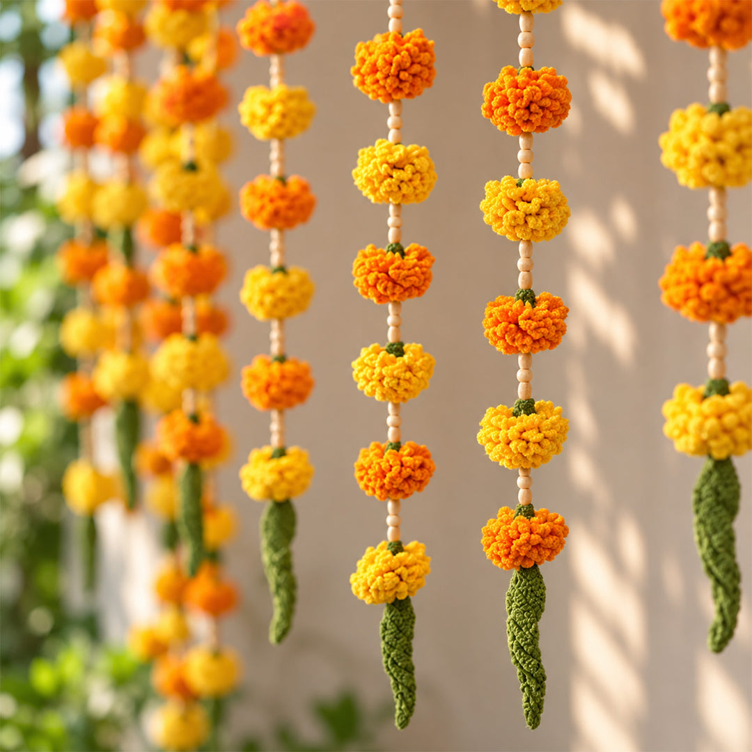 2 pc | Handmade Ashok Patta & Marigold Flower Crochet Hanging