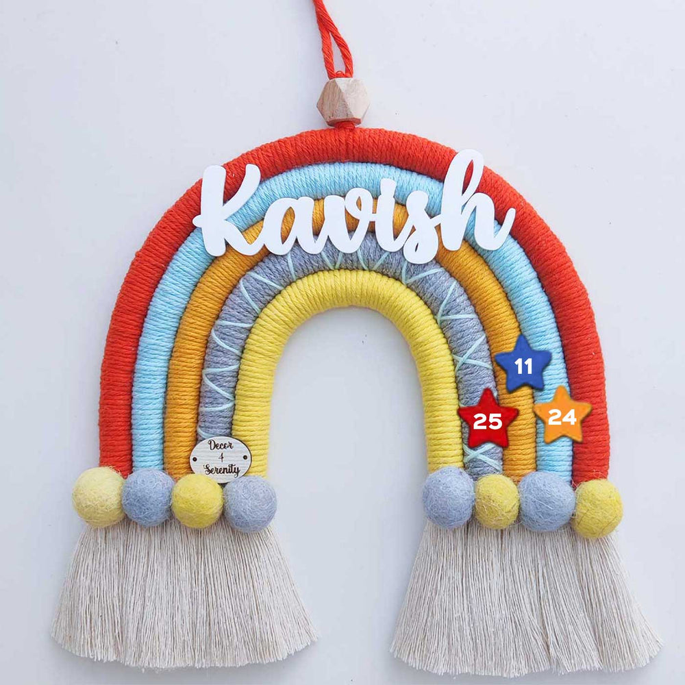 Personalized Handmade Macrame Orange And Yellow Pom Pom Rainbow Kids Name Plate With 3D Letters - Name Personalization Example Hanging