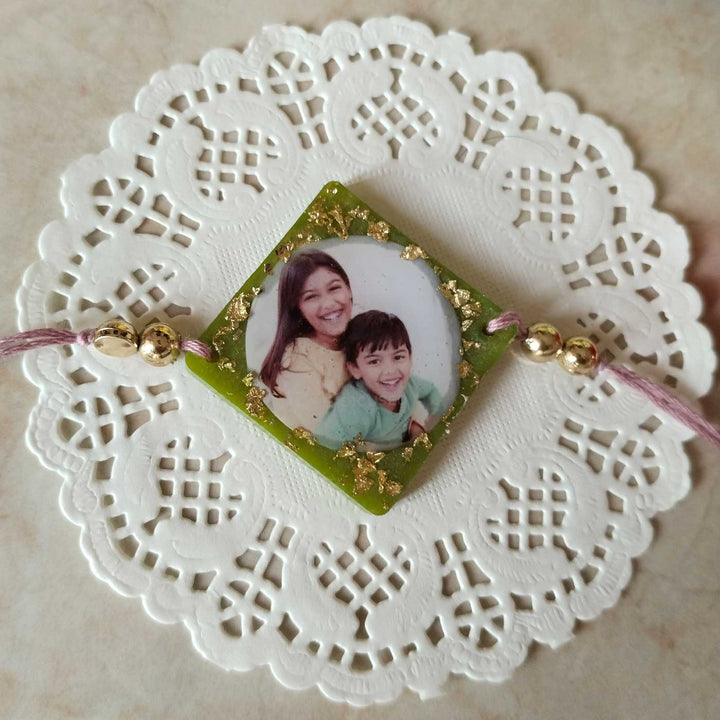 Photo Personalized Square Shape Resin Rakhi - Full View with String and Beads