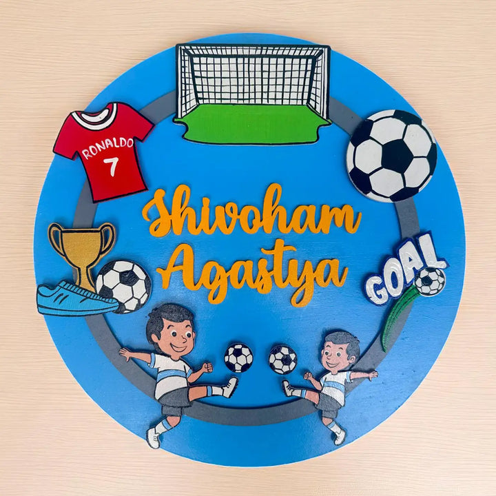 Personalized Football Theme MDF Wood Kids Name Plate For Siblings