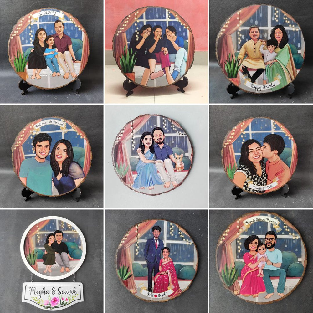 Photo Caricature Bark Nameplate With Stand For Couples 1 - Multiple Front View Personalization Examples
