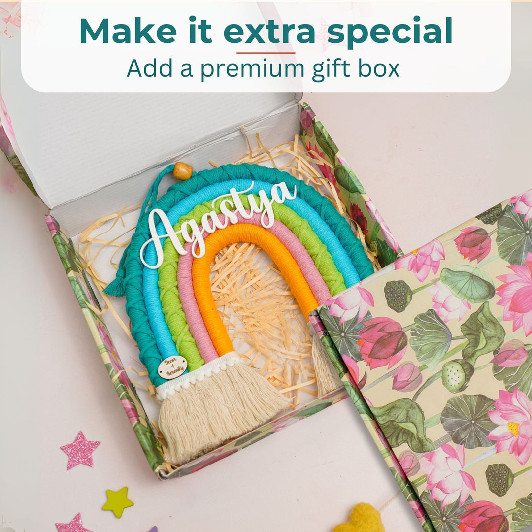 Macrame Rainbow Personalized Kids Name Plate - Premium Gift Box Packaging Display