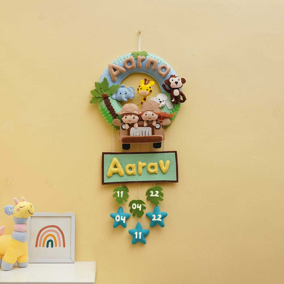 Personalized Jungle Safari Theme Round Felt Kids Nameplate For Siblings - Hanging on Wall with Name Personalization