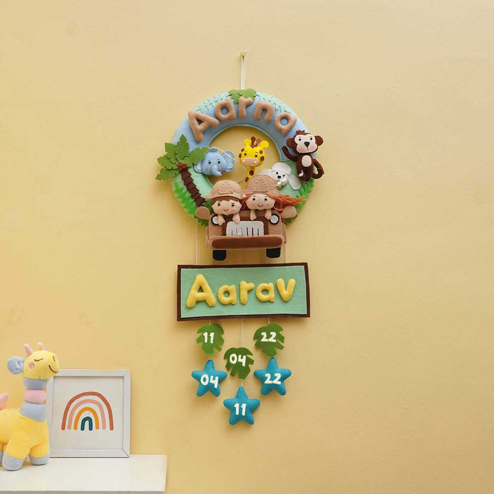 Personalized Jungle Safari Theme Round Felt Kids Nameplate For Siblings - Hanging on Wall with Name Personalization