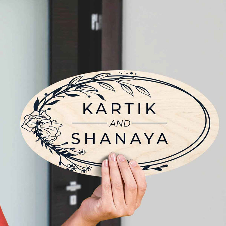 Printed Floral Wooden Oval Nameplate For Couples - Handheld Name Personalization Example