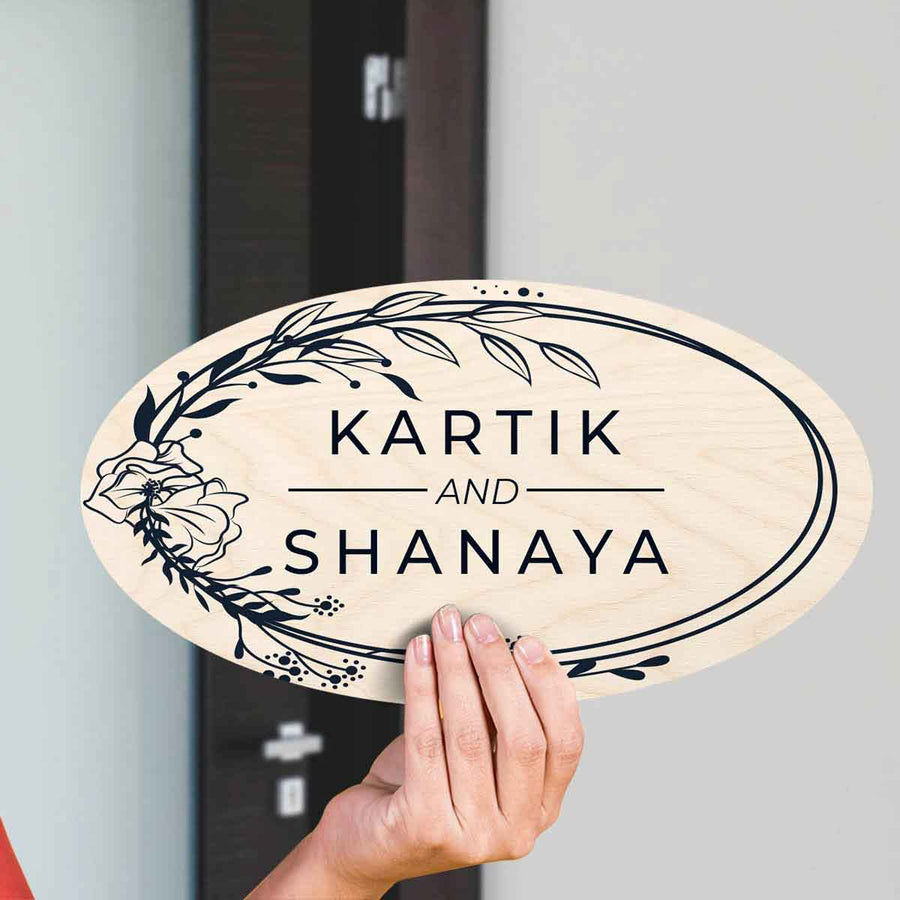 Printed Floral Wooden Oval Nameplate For Couples - Handheld Name Personalization Example