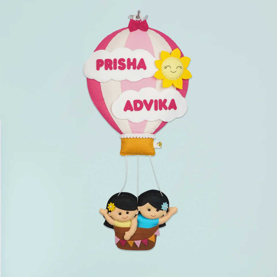 Hand Stitched Hot Air Balloon Felt Kids Nameplate With Birthdates - Front View with Name Personalization (9)