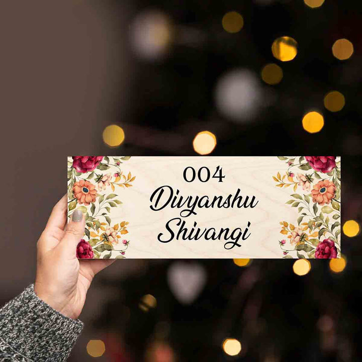 Printed Floral Wooden Rectangle Nameplate For Couples - Name Personalization Example Held in Hand