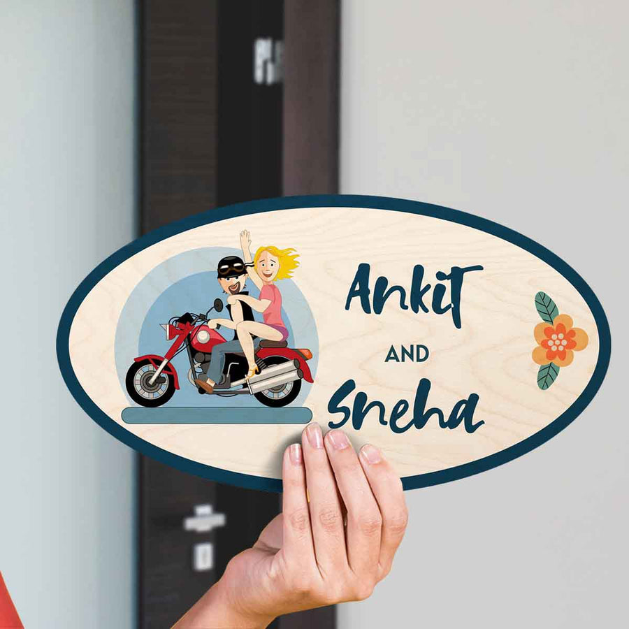 Printed Wooden Oval Character Nameplate For Couples 1 - Handheld Showing Personalized Sign