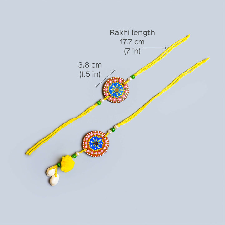 Handpainted Terracotta Rakhi Mug Set With Roli Chawal - Rakhi length and diameter dimensions