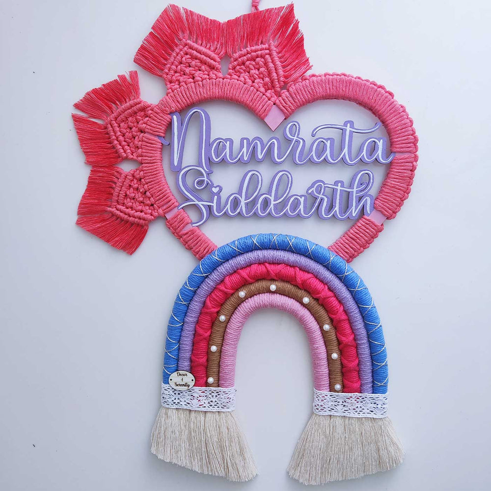 Personalized Handmade Macrame Pink Heart Shaped Kids Name Plate With 3D Letters - Name Personalization with Front View