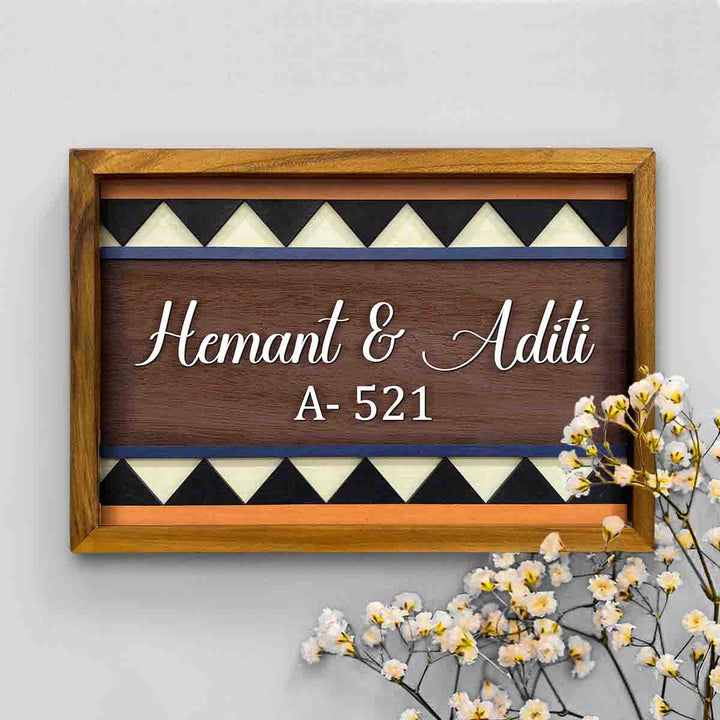 Wooden Personalized Framed Nameplate For Couples 1 - Front View with Floral Accent