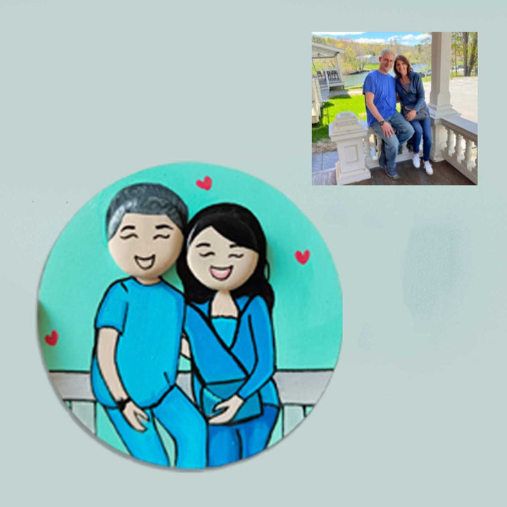 Photo Personalized Pebble Art Couples Magnet With Blue Background