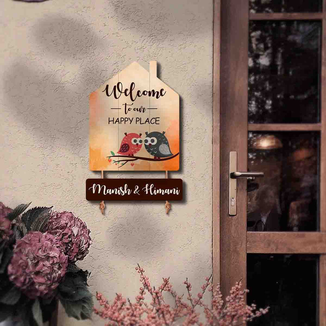 Printed Wooden House Shaped Owl Nameplate For Family With 2 Children - Mounted on Exterior Wall Near Door