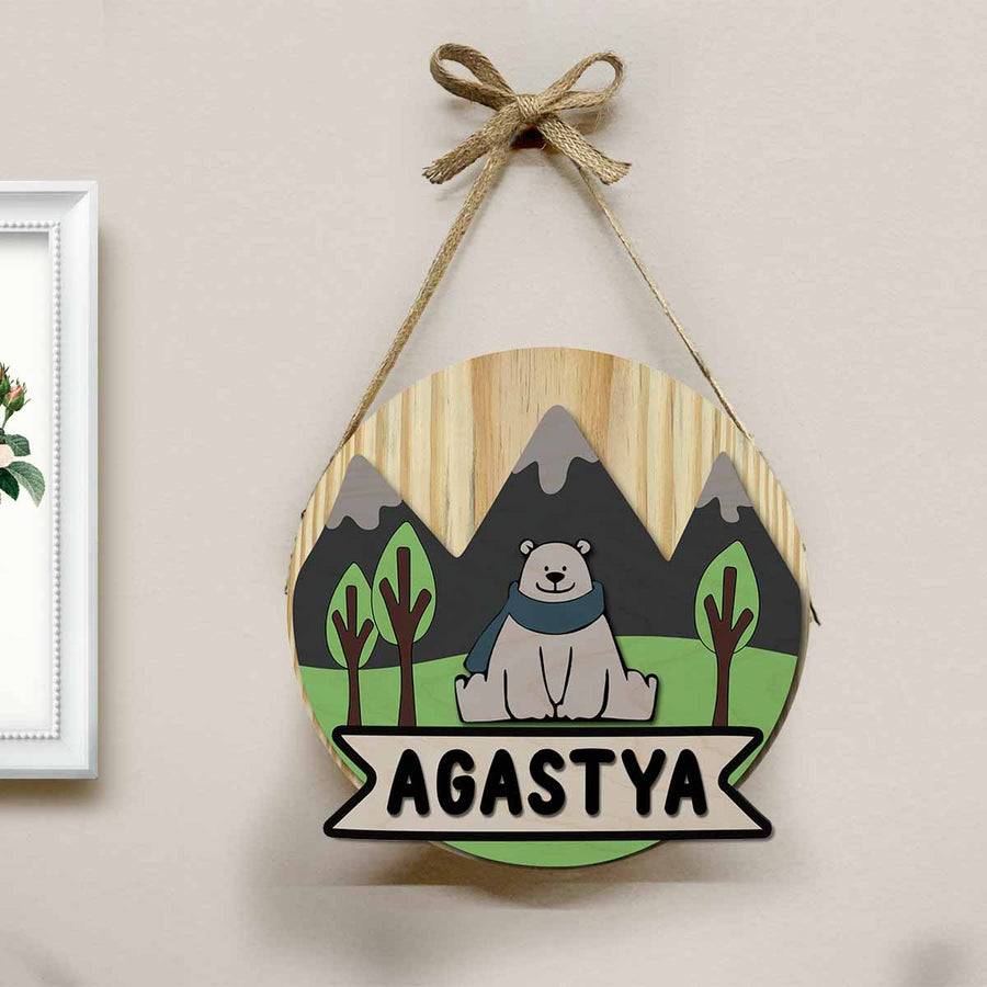 Kids Circular 3D Bear Themed Nameplate With Lights - Hanging Front View with Name Personalization