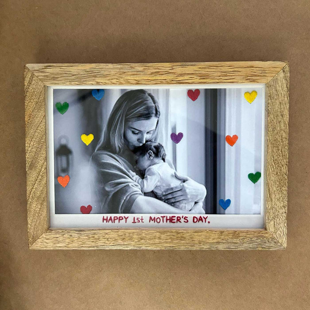 Rainbow Hearts Style Hand Embroidered Photo With Wooden Frame