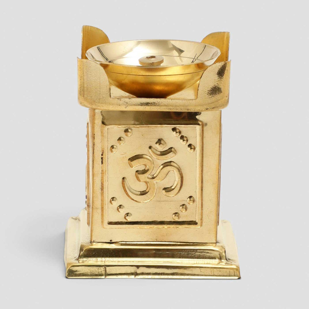 Om & Swastik Brass Tulsi Oil Lamp With Built-in Stand For Festive Decor