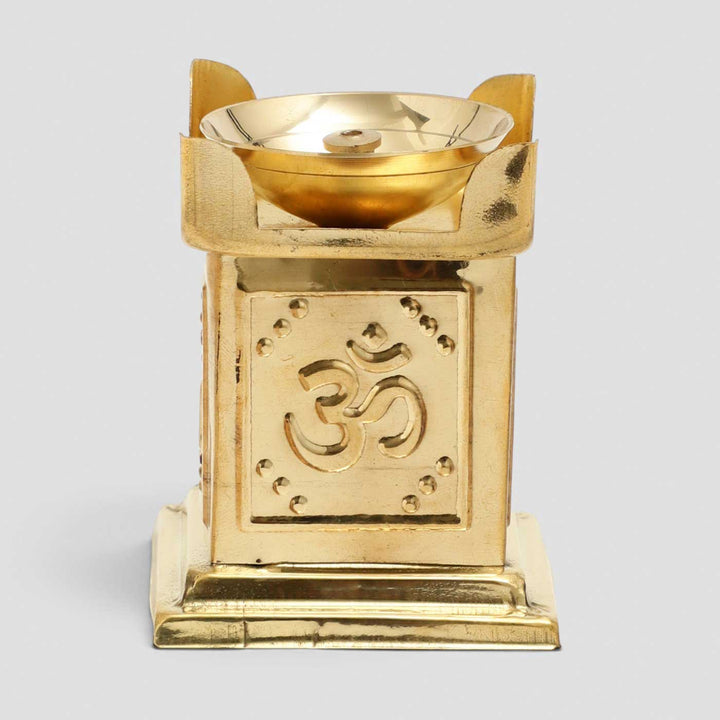 Om & Swastik Brass Tulsi Oil Lamp With Built-in Stand For Festive Decor