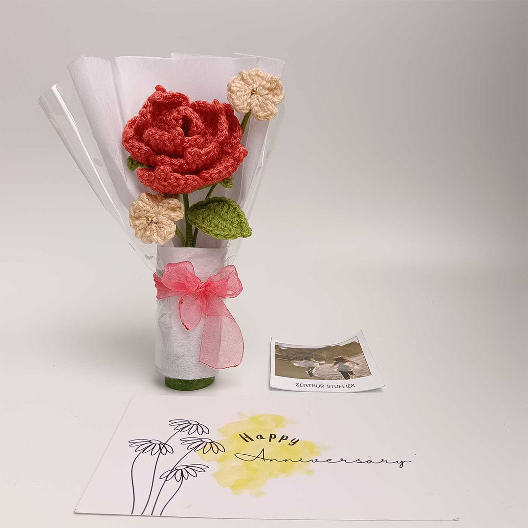 Handmade Crochet Red Rose Mini Flower Bouquet | Includes Photo & Greeting Card