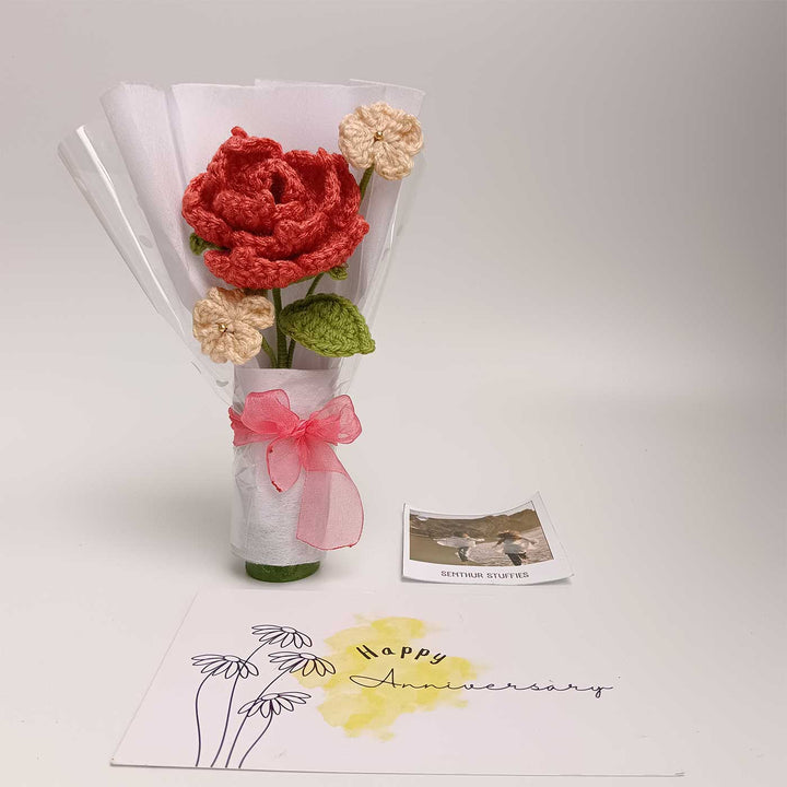Handmade Crochet Red Rose Mini Flower Bouquet | Includes Photo & Greeting Card