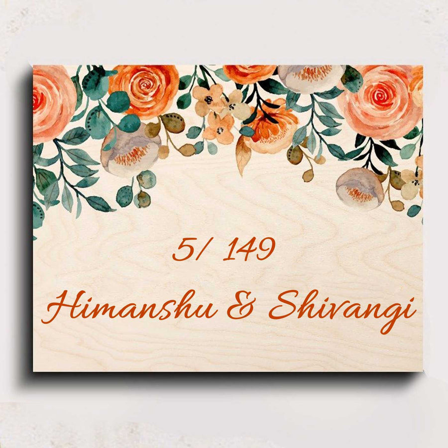 Printed Orange Floral Wooden Rectangle Nameplate - Front View with Name Personalization