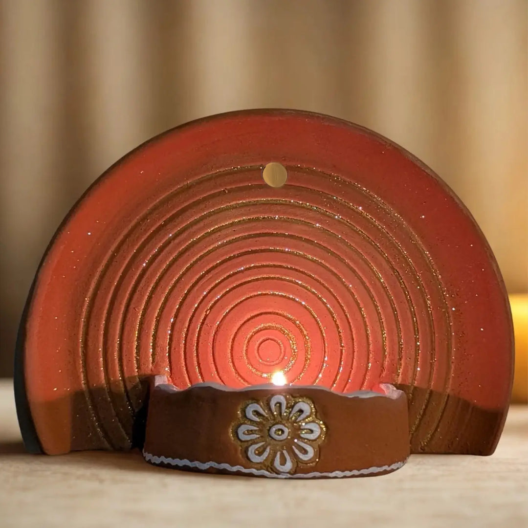 Hand-Painted Spiral Bloom Natural Terracotta Tealight Holder