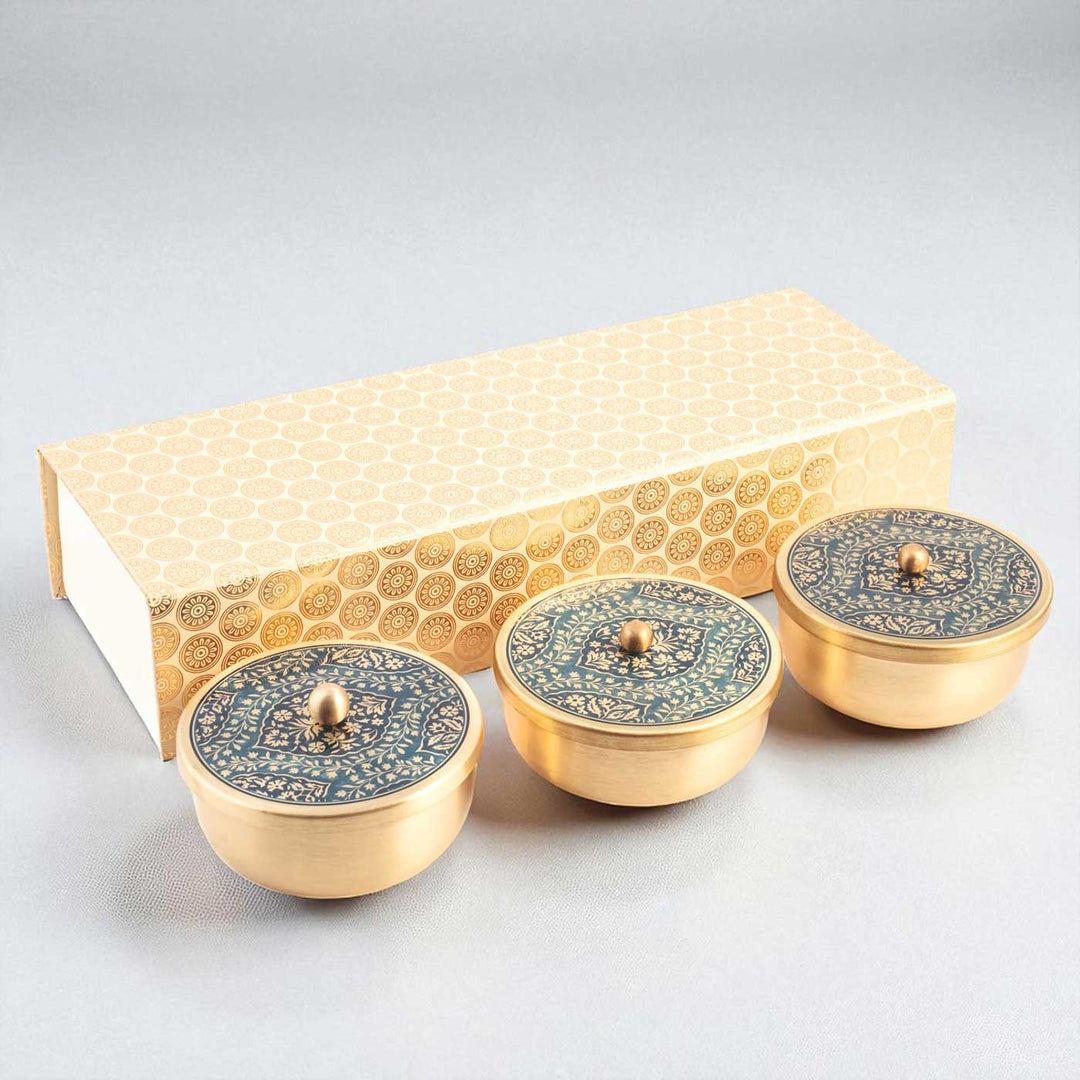 Hand-Painted Omkar Brass Gift Hamper | Includes 3 Containers And 1 Gift Box