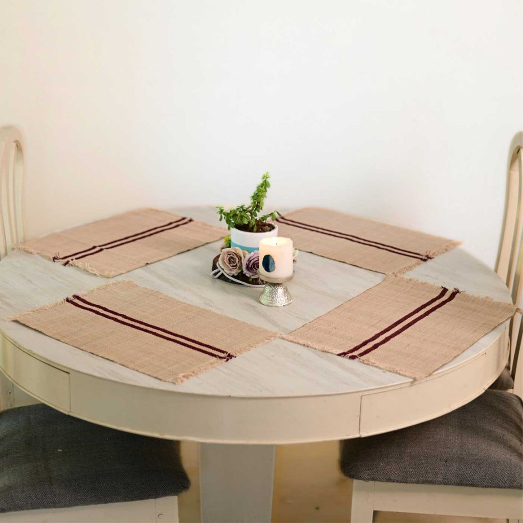 Hand Woven Double Maroon Stripped Madhurkati Table Mat | 15 x 11 inch