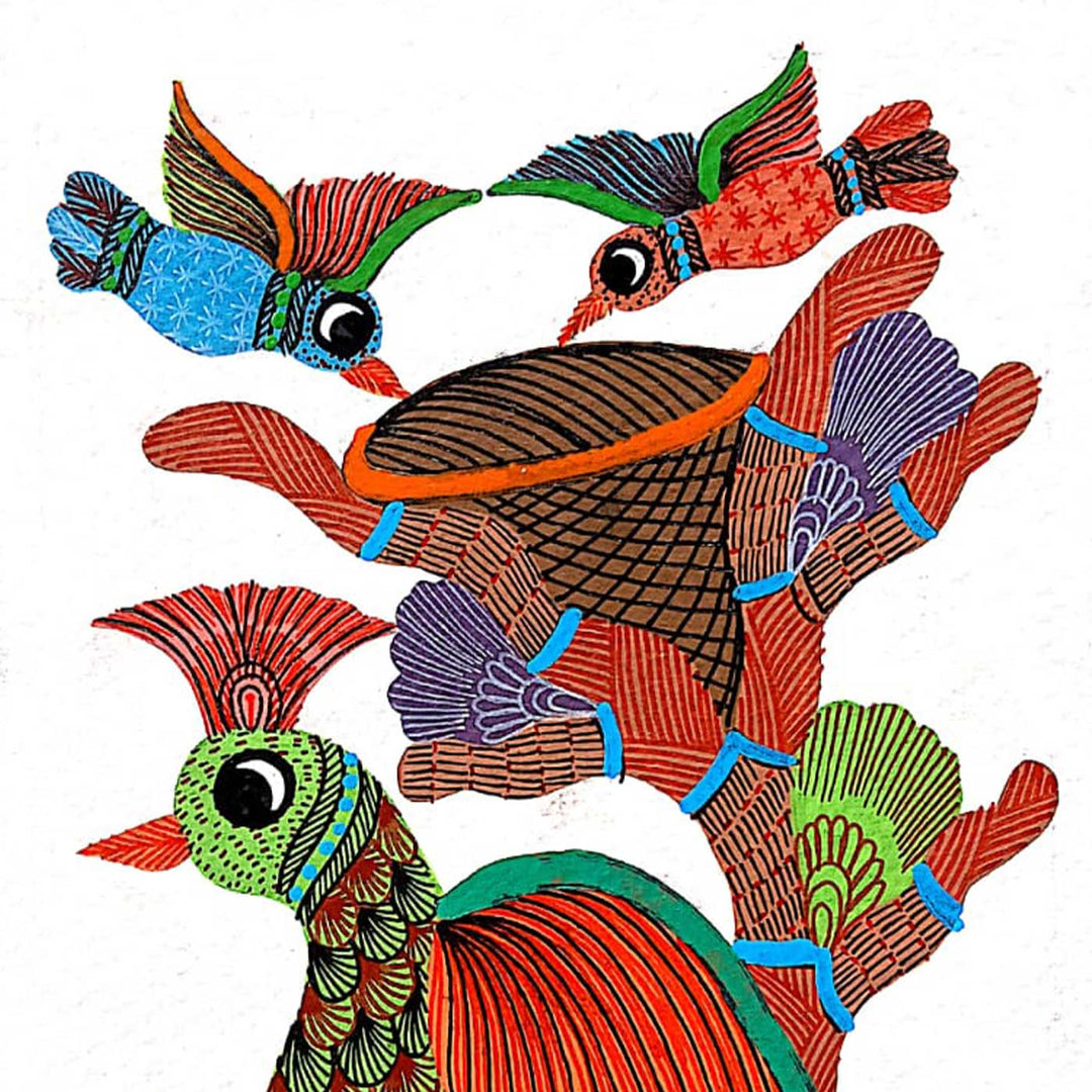 6 x 8 Inch | Bird Family With Nest | Original Hand painted Tribal Gond Art Painting | Acrylic Paints On Paper