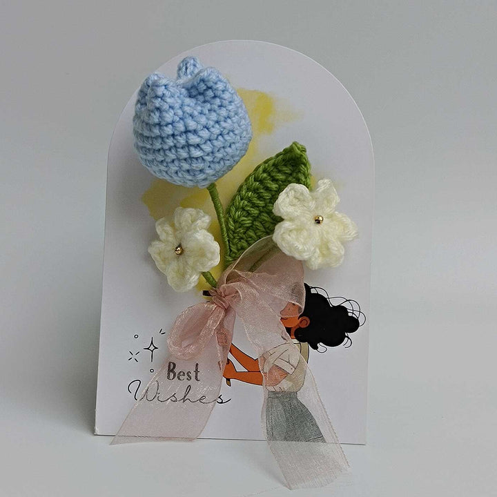 Handmade Crochet 3D Blue Tulip Greeting Card