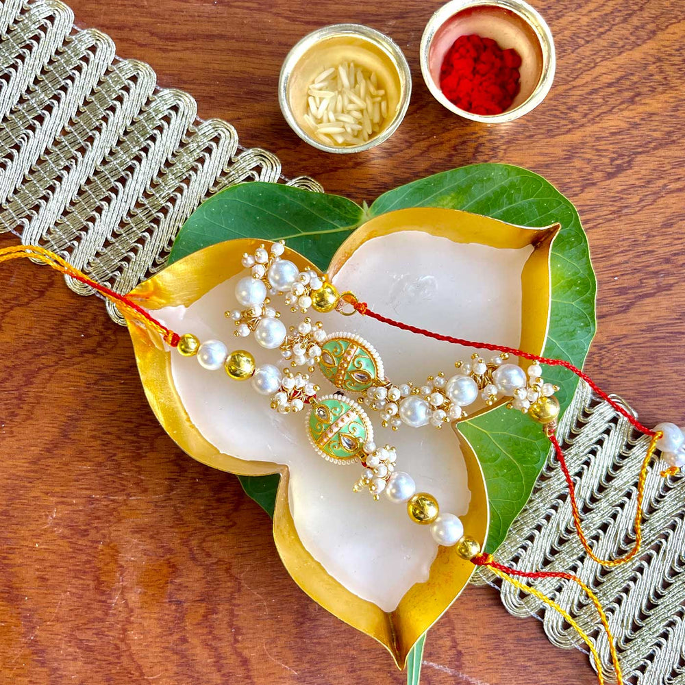 Handmade Green Oval Design Pearl And Stone Bhaiya Bhabhi Rakhi - Front View with Accessories