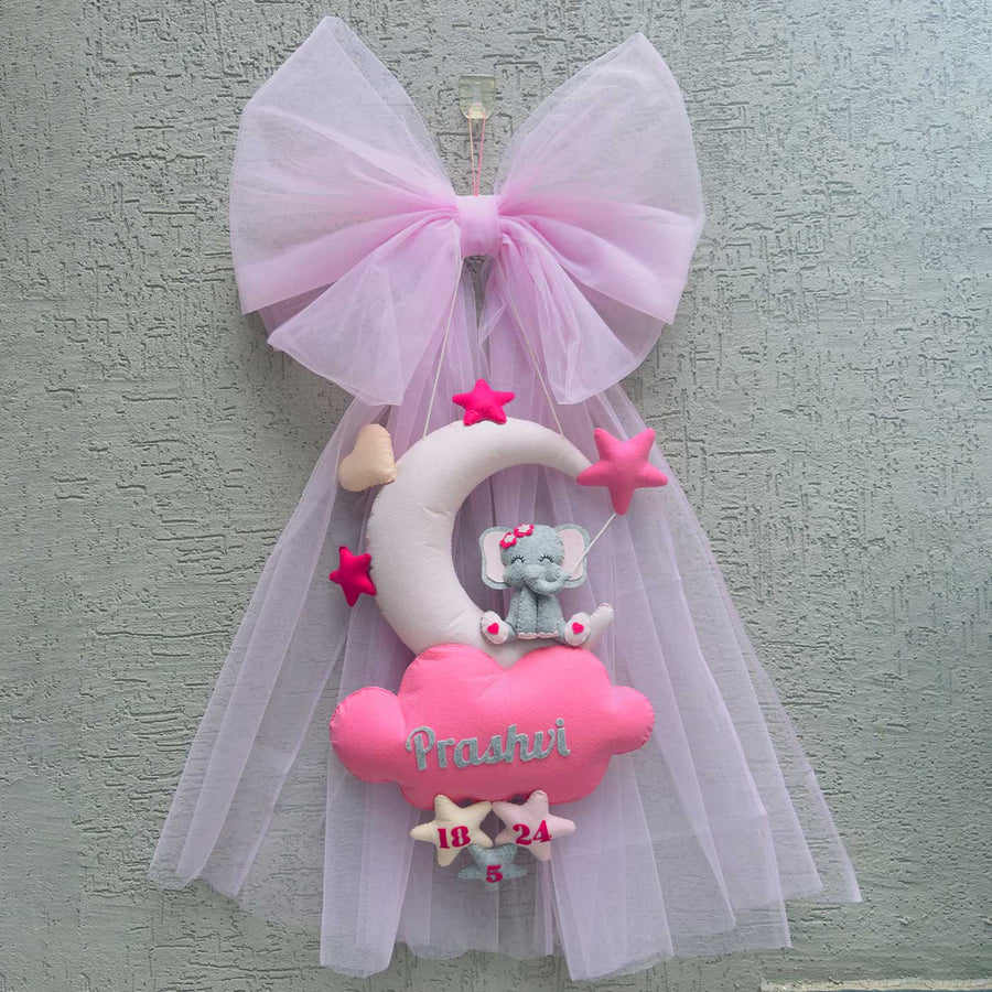 Personalized Handmade Elle On The Cloud Bow Felt Name Plate For Kids - Hanging Front View with Pink Bow